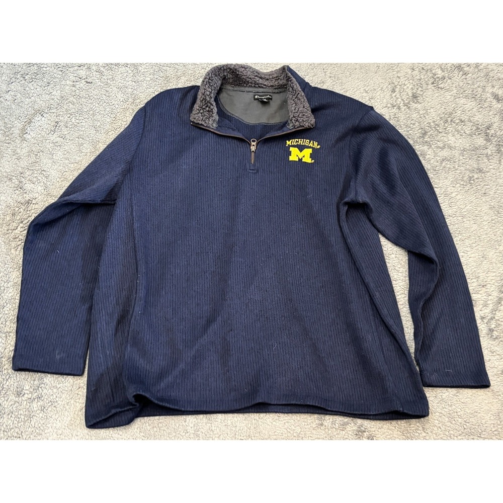 Champion Elite Mens 2XL Michigan Wolverines 1/4 Zip Pullover Navy Blue Ribbed